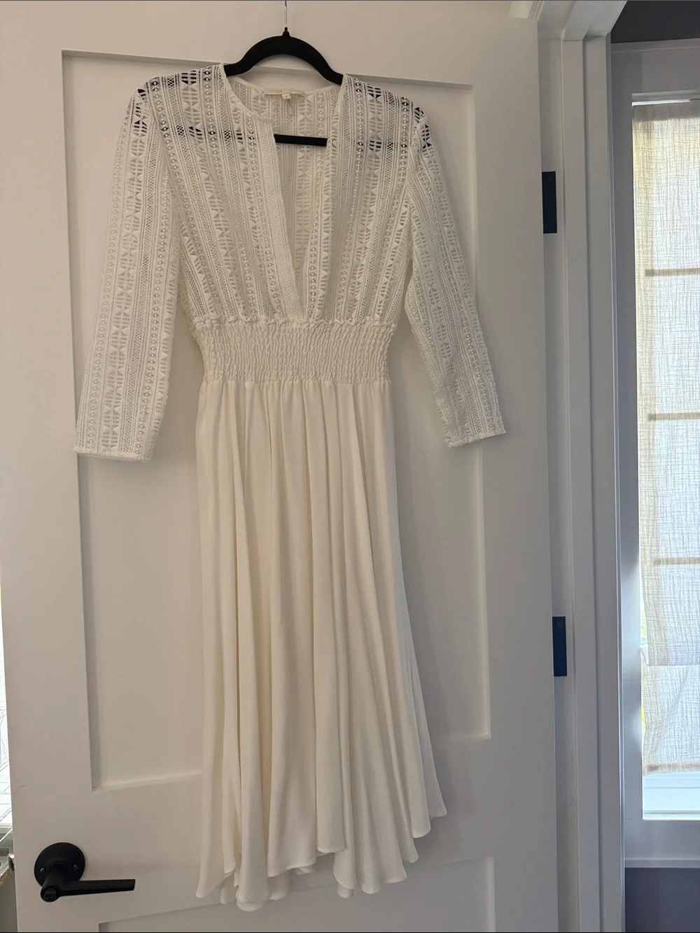 Maje White Lace Bodice Smocked Waist Midi Dress